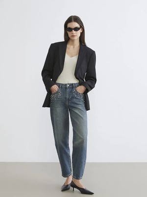 LC Waikiki Indigo Barrel Fit Taşlı Kadın Jean Pantolon