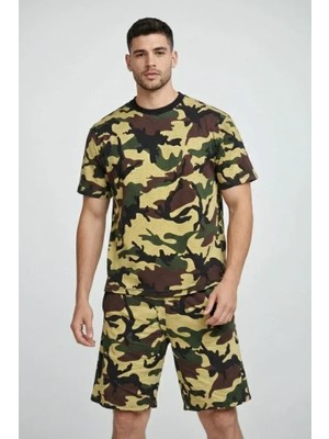 Uslucan Alışveriş Erkek Kamuflaj Desenli Tişört Şort Takım – Regular Fit Günlük Spor 2’li Yazlık Kombin - Kamuflaj