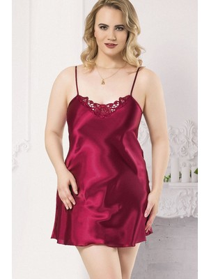 Ahu Kadın Saten Dantel Yaka Büyük Beden Mini Gecelik | Bordo 2022