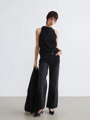 LC Waikiki Siyah Taşlı Wideleg Kadın Jean Pantolon