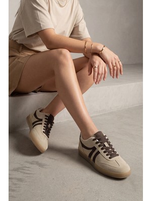 Marjin Kadın Sneaker Bağcıklı Düz Taban Spor Ayakkabı Tiyone Bej Süet