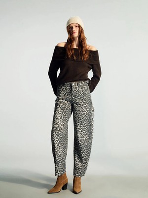 LC Waikiki Kahverengi Baggy Fit Leopar Desenli Kadın Jean Pantolon