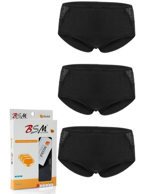 BSM 3'lü Kadın Siyah Modal Yumuşak Rahat Dantelli Yüksek Bel Bato Külot Siyah S
