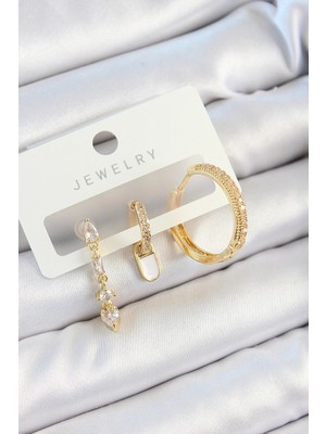 Luz&Pos Pirinç Zirkon Taşlı Sallantılı Model Gold Renk 3'lü Çift Kadın Küpe Set