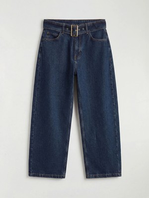 LC Waikiki Indigo Beli Kemerli Baggy Fit Kadın Jean Pantolon