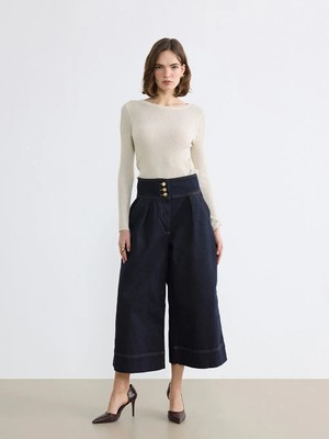 LC Waikiki Lacivert Yüksek Bel Crop Wideleg Kadın Jean Pantolon