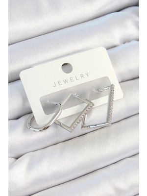 Luz&Pos Pirinç Zirkon Taşlı Dikdörtgen Model Gümüş Renk 3'lü Çift Kadın Küpe Set