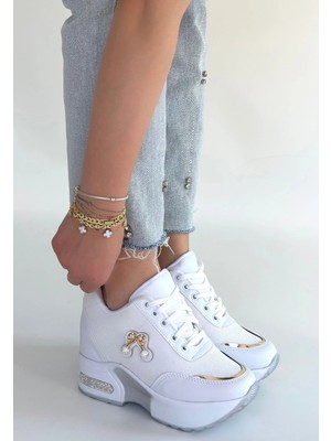 Bilfold Wody Beyaz Cilt Simli Bağcıklı Spor Ayakkabı