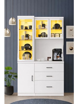 Setay Vitrinli Ünite, Adrea Kahve Köşesi + Çok Amaçlı Raflı Tek Kapaklı Dolap