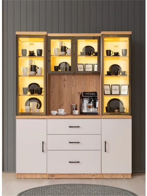 Setay Vitrinli Ünite, Adrea Kahve Köşesi + Çok Amaçlı Raflı Iki Kapaklı Dolap