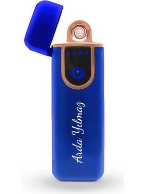 Kişiye Özel Mavi USB Dokunmatik Çakmak & Metal Tabaka Hediye Seti