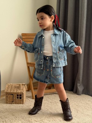 2kids2mom Çiçek Nakışlı Kot Ceketli 3 'lü Kız Çocuk Bayramlık Takım