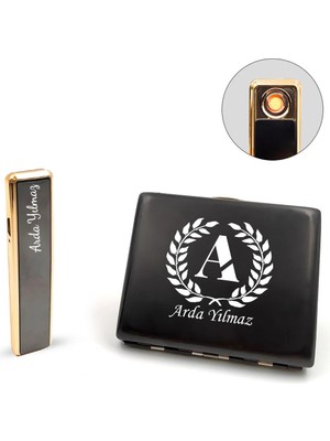 Kişiye Özel Siyah USB Sürgülü Çakmak & Metal Tabaka Hediye Seti