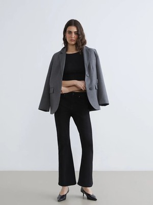 LC Waikiki Siyah Crop Flare Kadın Jean Pantolon