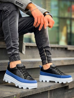 Beskar Premium KB-056  Siyah Mavi Detaylı Beyaz Yüksek Taban Günlük Spor Ayakkabı