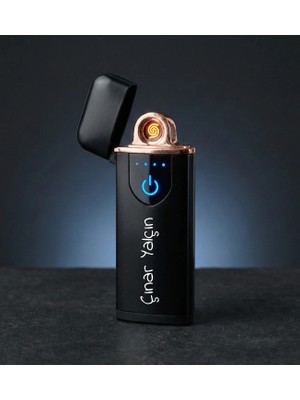 Kişiye Özel USB Şarjlı Dokunmatik Alevsiz Çakmak - Siyah Renk