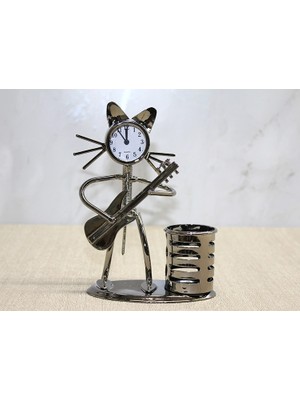 Luz&Pos Metal Gitar Çalan Müzisyen Kedi Saat ve Kalemlik