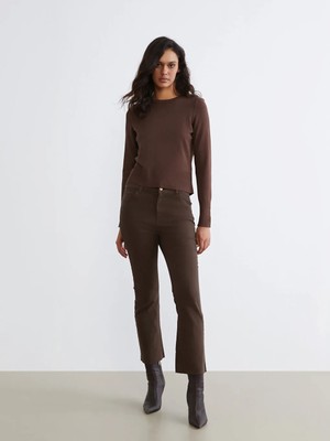 LC Waikiki Kahverengi Crop Flare Kadın Jean Pantolon