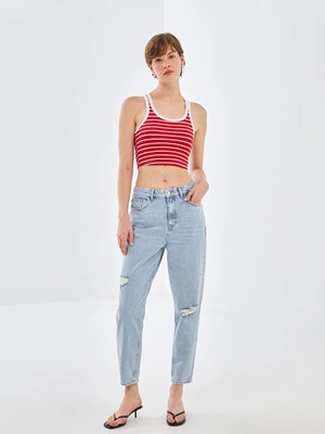 LC Waikiki Indigo Mom Fit Yırtık Detaylı Kadın Jean Pantolon
