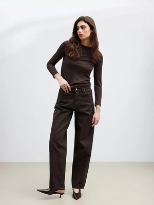 LC Waikiki Kahverengi Taşlı Baggy Fit Kadın Jean Pantolon