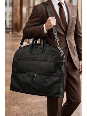 Canaris Premium Siyah Deri Takım Elbise & Seyahat Çantası – Askılı, Unisex, Geniş Hacimli