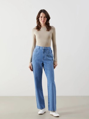 LC Waikiki Indigo Beli Lastikli Straight Fit Taşlı Kadın Jean Pantolon