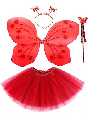 K-Yonlineticaret Kırmızı Kelebek Kostümü - Kostüm Aksesuar Seti 4 Parça
