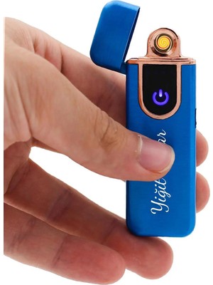 Özel Kutusunda Kişiye Özel USB Şarjlı Kapaklı Mavi Çakmak
