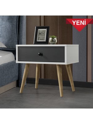 EVMO Home 5102 Vita ( Ahşap Ayaklı ) Komodin Yatak Odası Bebek Odası Salon Beyaz -Antrasit