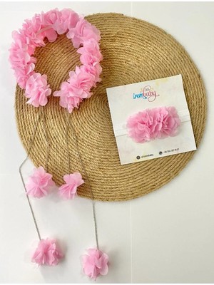 İrembaby Anne Bebek Lohusa Seti Pembe Sarkan Küpeli Çiçekli Lohusa Tacı ve Bebek Saç Bandı Lohusa Takımı