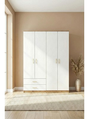 İNDEPPO Loft 4 Kapaklı 2 Çekmeceli Gardırop (160 cm Ceviz - Beyaz)