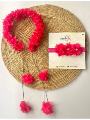 İrembaby Anne Bebek Lohusa Seti Fuşya Sarkan Küpeli Çiçekli Lohusa Tacı ve Bebek Saç Bandı Lohusa Takımı