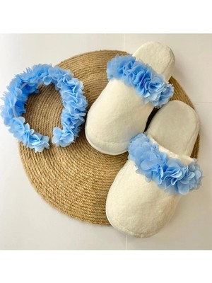 İrembaby Anne Bebek Lohusa Seti Mavi Çiçekli Lohusa Tacı Terlik Bebek Ayakkabı ve Bebek Şapkası Lohusa Takımı