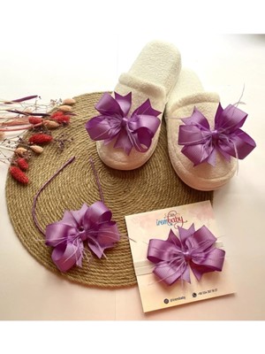 İrembaby Anne Bebek Lohusa Seti Lila Tüylü Fiyonk Lohusa Tacı Terlik ve Bebek Saç Bandı Lohusa Takımı