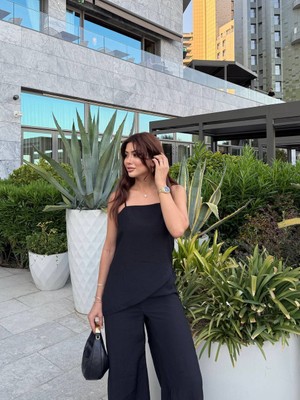 Madame Melek Kadın Premium Modal Kumaş Asimetrik Kesim Yırtmaçlı Bluz Palazzo Beli Lastikli Pantolon Takım