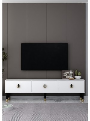 Cantek Dizayn 1380TV180-32CT Tv Sehpası Beyaz-Siyah-Altın
