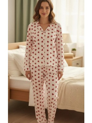 Pijamask Kadın Boydan Düğmeli Kalpli 2'li Pijama Takım
