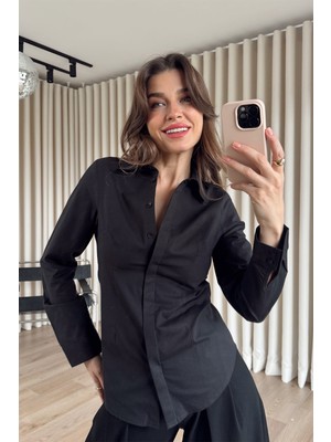 Sue Store Siyah Belden Oturtmalı Fit Gömlek