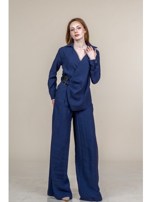 MissVina Pile Arası Kemer Detaylı Ceket ve Beli Lastikli Cepli Rahat Kesim Pantolon Takım 1291