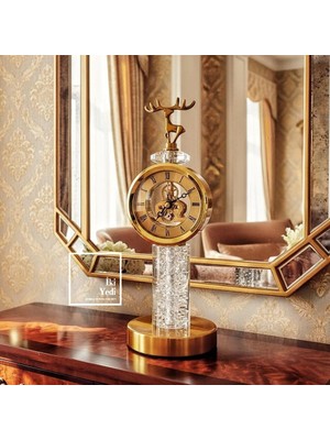 İki Yedi Konsept Ritz Geyik Figürlü Kristal Gövdeli Masa Saati Altın Bronz Tonlu Dekoratif Ofis ve Salon Saat Modeli