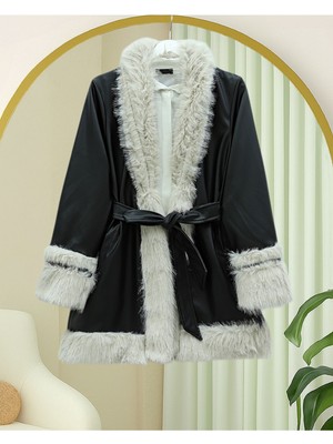 Modamorfo Yakası ve Kolu Kürklü Astarlı Kemerli Deri Ceket -Siyah