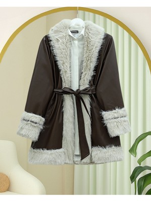 Modamorfo Yakası ve Kolu Kürklü Astarlı Kemerli Deri Ceket -Kahve