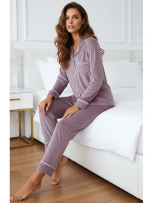 Pijamask Kadın Kadife Boydan Düğmeli Şerit Detaylı 2'li Pijama Takım