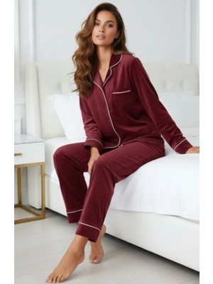 Pijamask Kadın Kadife Boydan Düğmeli Şerit Detaylı 2'li Pijama Takım
