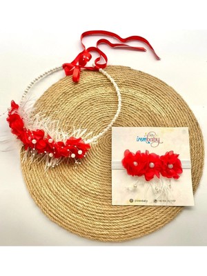 İrembaby Anne Bebek Lohusa Seti Kırmızı Çiçekli Incili Lohusa Tacı Bebek Saç Bandı Takımı
