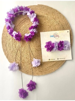 İrembaby Anne Bebek Lohusa Seti Mor Lila Sarkan Küpeli Çiçekli Lohusa Tacı ve Bebek Saç Bandı Lohusa Takımı