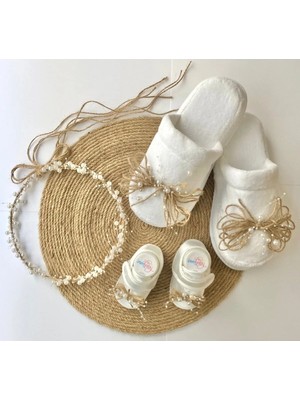 İrembaby Anne Bebek Lohusa Seti Hasırlı Incili Lohusa Tacı Lohusa Terliği ve Bebek Ayakkabısı Lohusa Takımı