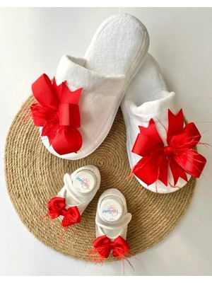 İrembaby Anne Bebek Lohusa Seti Kırmızı Tüylü Fiyonklu Terlik ve Bebek Ayakkabısı Lohusa Takımı Çekim-Mevlüt