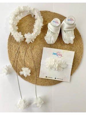 İrembaby Anne Bebek Lohusa Seti Beyaz Çiçekli Lohusa Tacı Bebek Ayakkabısı ve Bebek Saç Bandı Lohusa Takımı