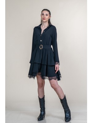 MissVina Dantel Detaylı Uzun Kollu Kısa Elbise 50371